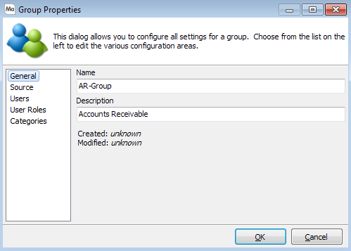 This image shows the Group Properties dialog with the General option selected.